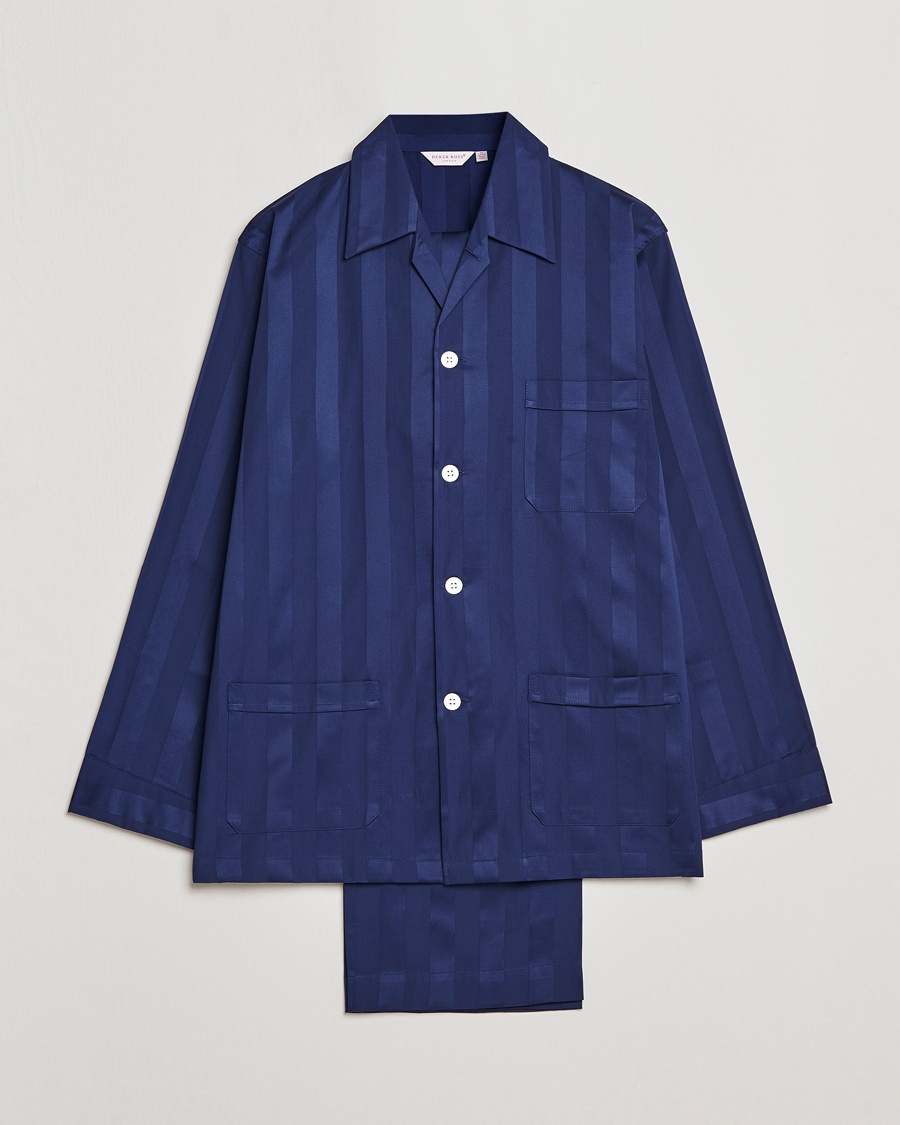 Derek Rose Striped Cotton Satin Pyjama Set Navy – Blu