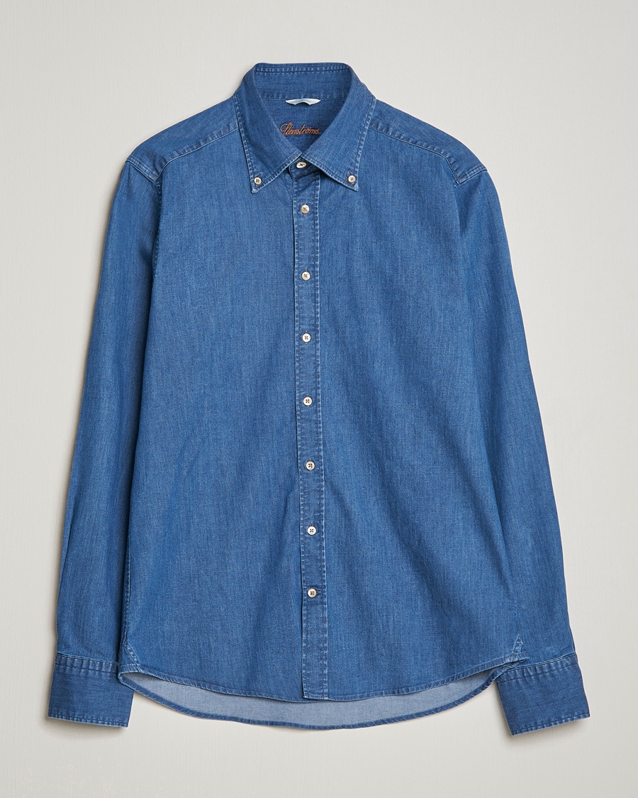 Stenströms Slimline Button Down Garment Washed Shirt Mid Blue Denim – Blu