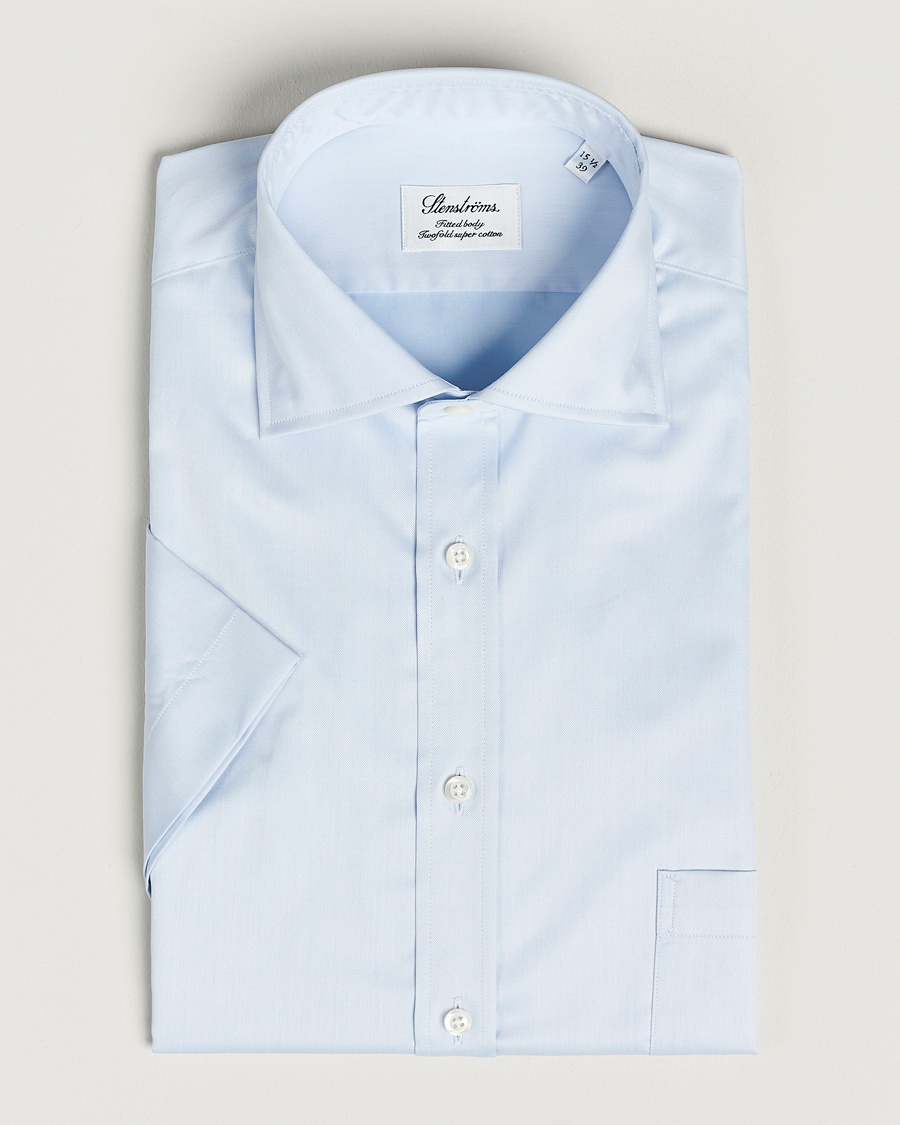 Stenströms Fitted Body Short Sleeve Twill Shirt Light Blue – Blu
