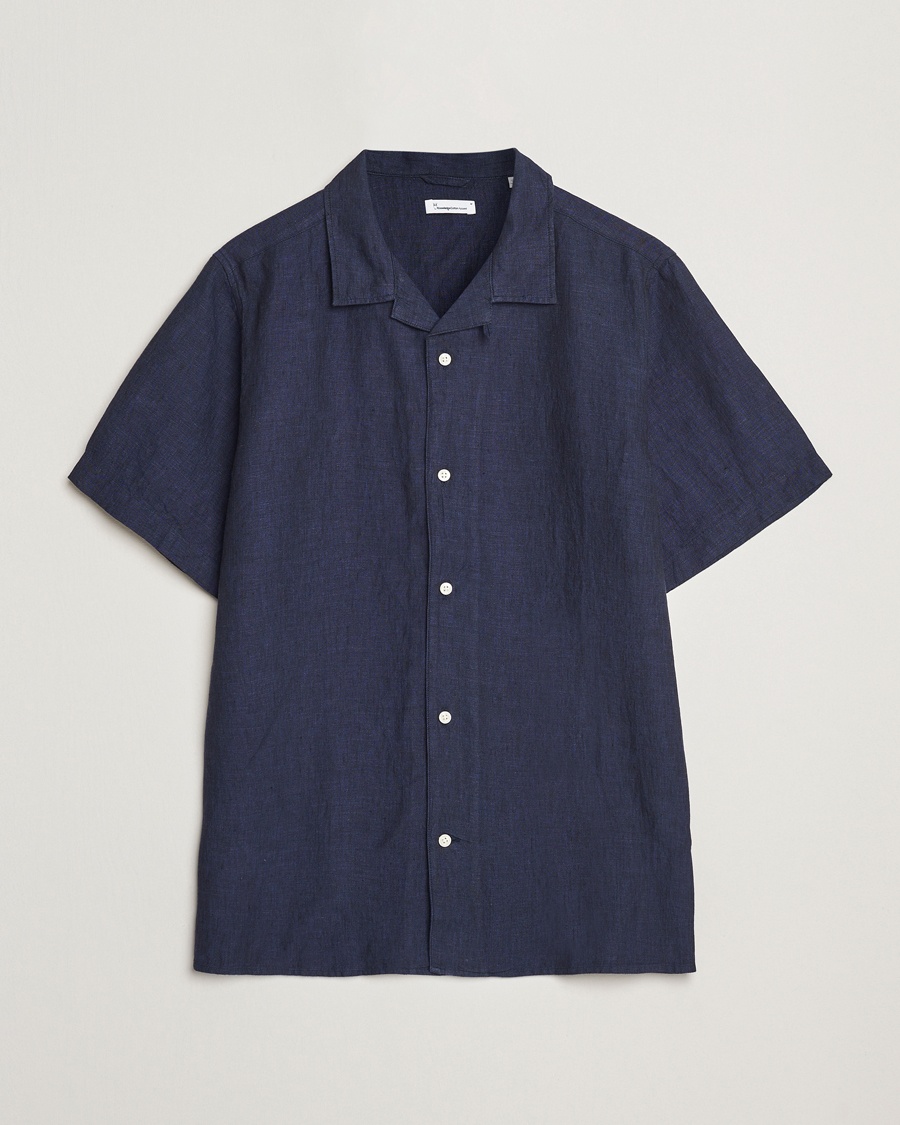 KnowledgeCotton Apparel Short Sleeve Linen Resort Shirt Total Eclipse – Blu