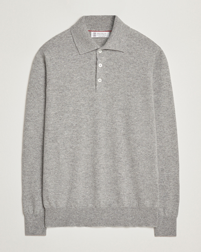 Brunello Cucinelli 2 Ply Cashmere Long Sleeve Polo Grey Melange – Grigio