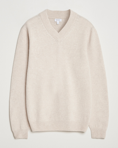 Sunspel Knitted Lambswool V-Neck Oatmeal Melange – Beige