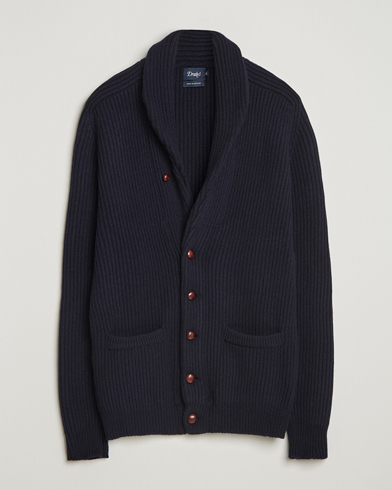 Drake's Lambswool Shawl Collar Rib Cardigan Navy – Blu