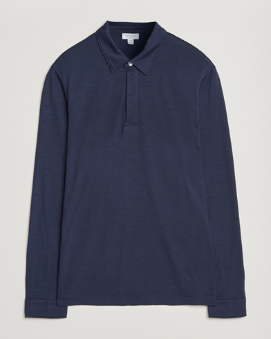 Sunspel Wool Jersey Long Sleeve Polo Navy – Blu