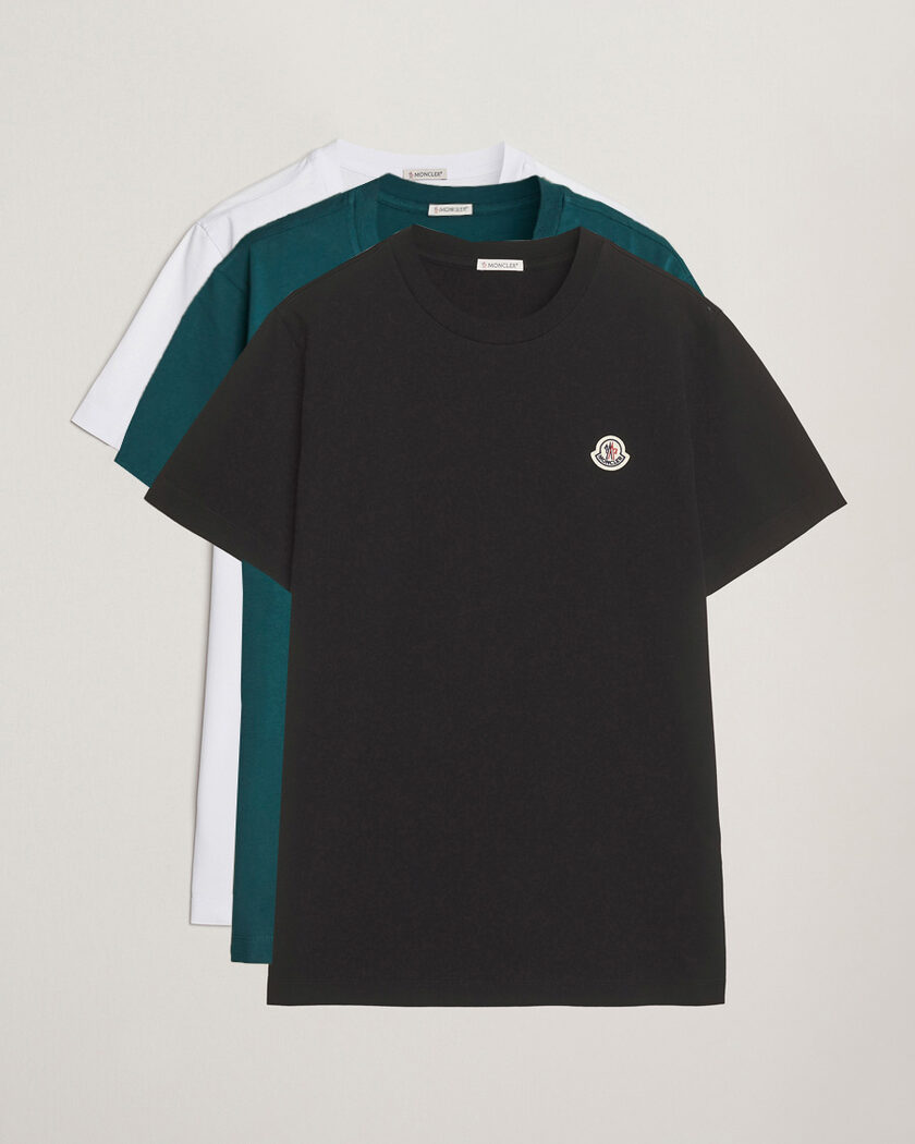 Moncler 3-Pack Logo T-Shirts Black/White/Green – Bianco