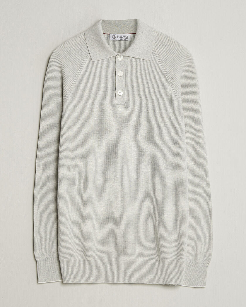 Brunello Cucinelli Cotton Rib Knitted Long Sleeve Polo Light Grey – Grigio