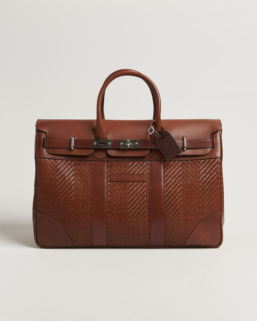 Brunello Cucinelli Woven Leather Duffle Bag Burnished Calf – Marrone