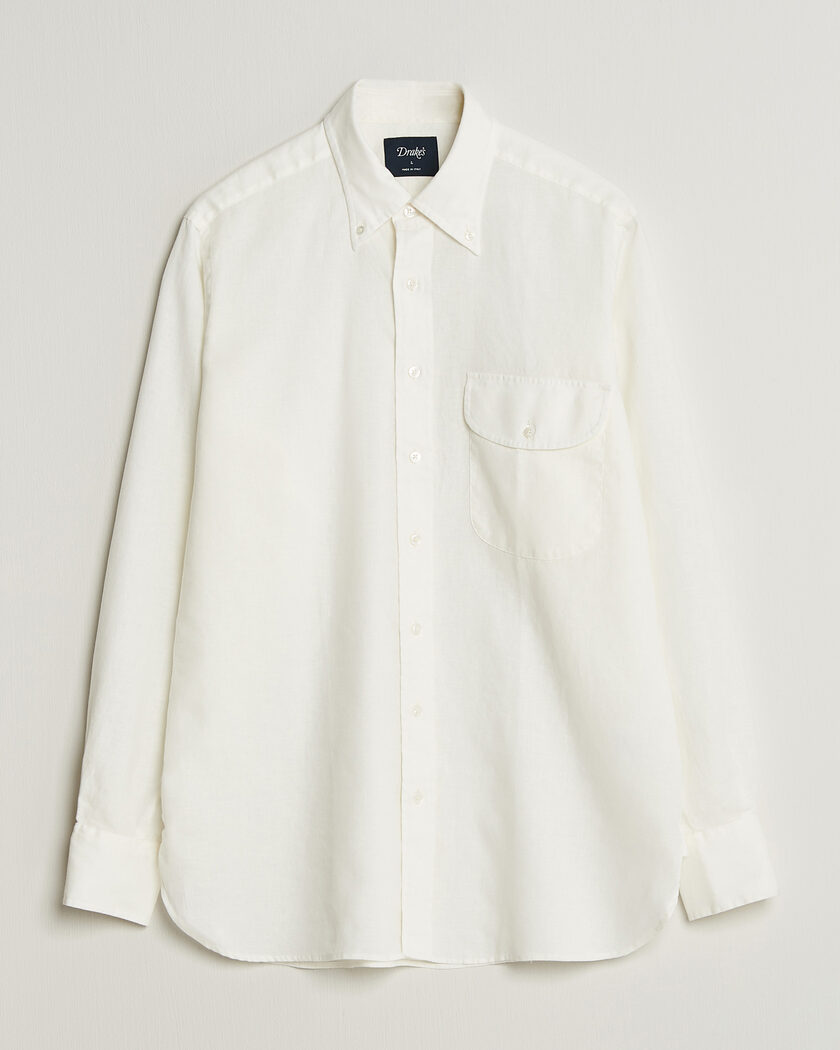 Drake's Linen Button Down Curved Pocket Shirt White – Bianco