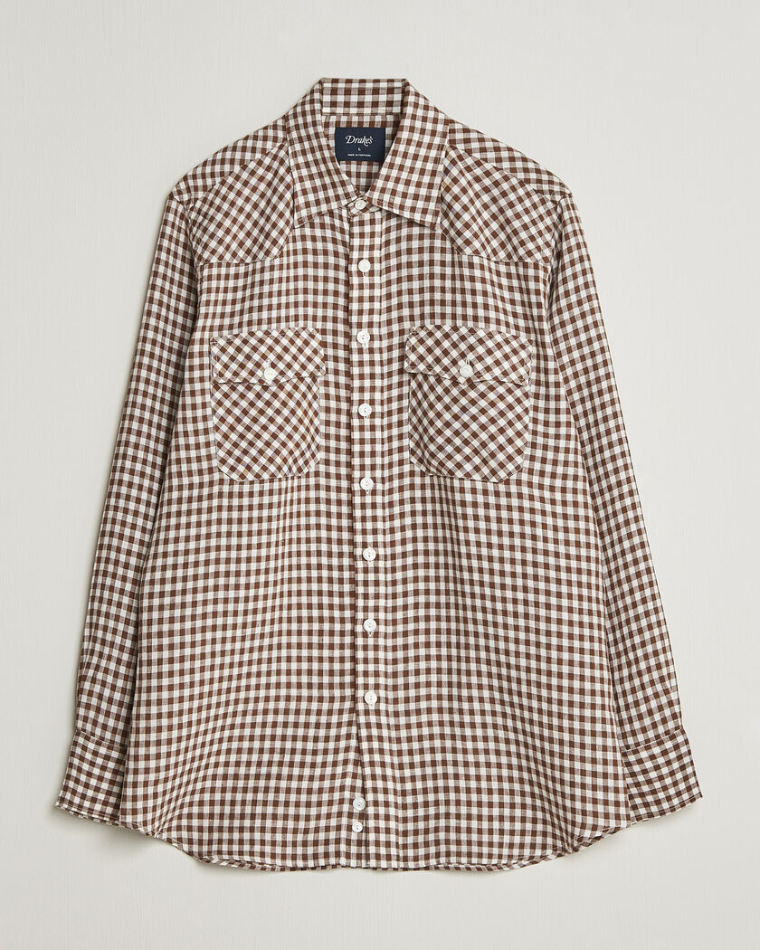 Drake's Linen Gingham Western Shirt Brown/White – Marrone