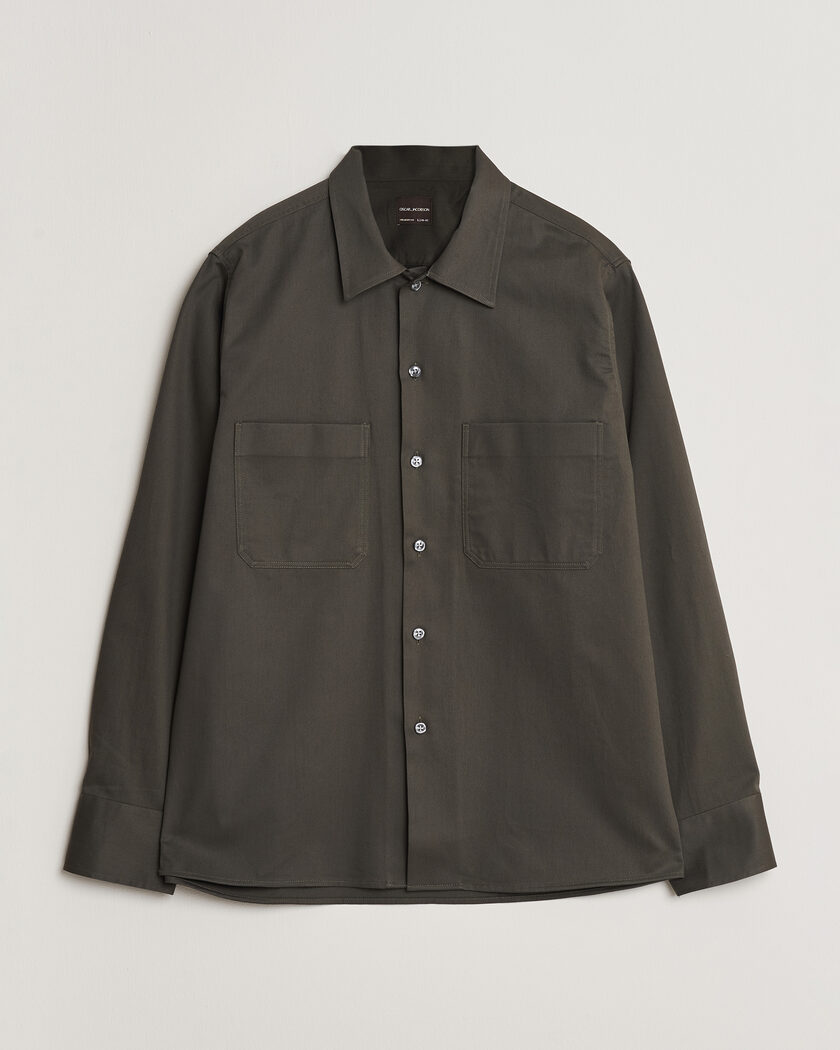 Oscar Jacobson Straight Fit Bowling Collar Cotton Shirt Olive – Verde