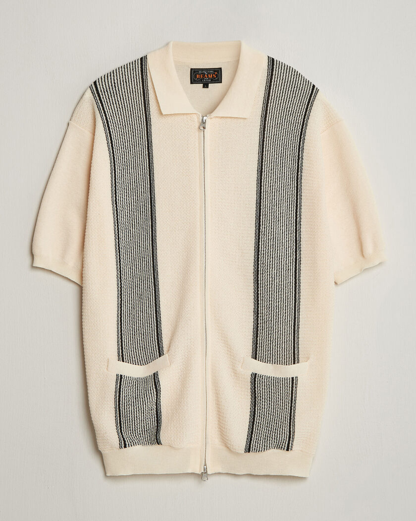 BEAMS PLUS Zip Knit Striped Polo Off White – Bianco