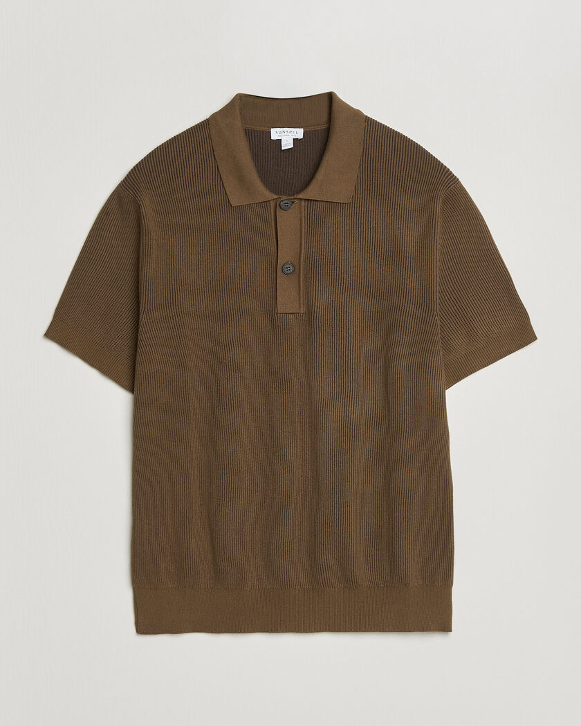 Sunspel Knitted Cotton Rib Polo Bronze – Marrone