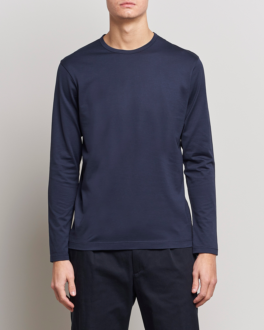 Uomini | Reparti | Sunspel | Long Sleeve Crew Neck Cotton Tee Navy