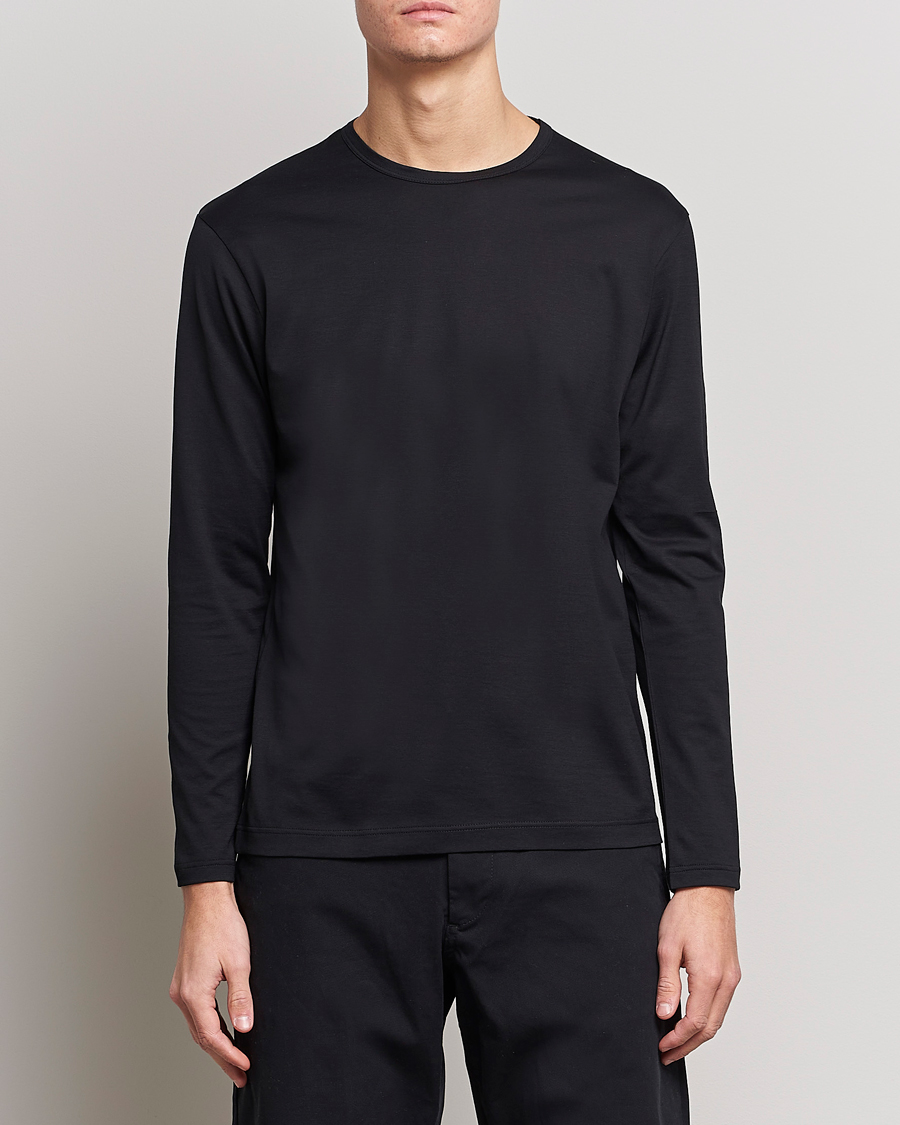 Uomini | Magliette nere | Sunspel | Long Sleeve Crew Neck Cotton Tee Black