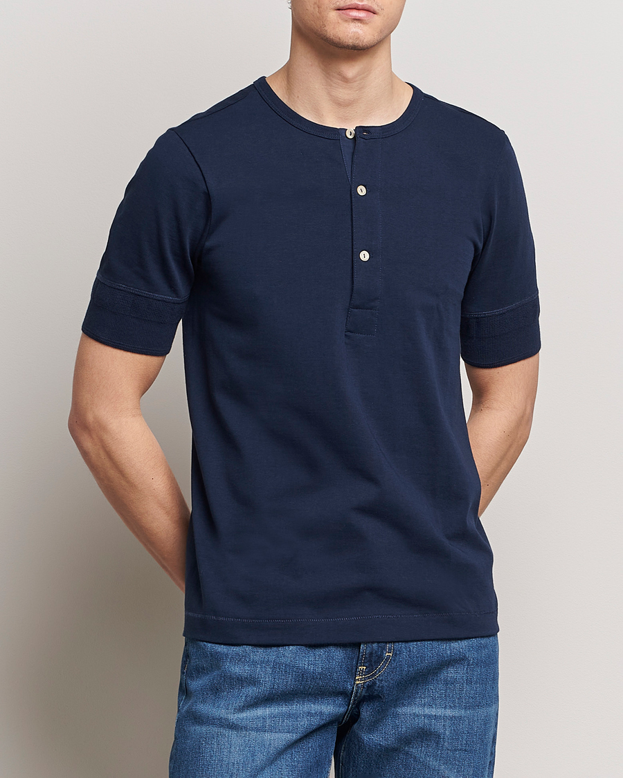 Uomini | Maglieria | Merz b. Schwanen | Short Sleeve Organic Cotton Henley Ink Blue