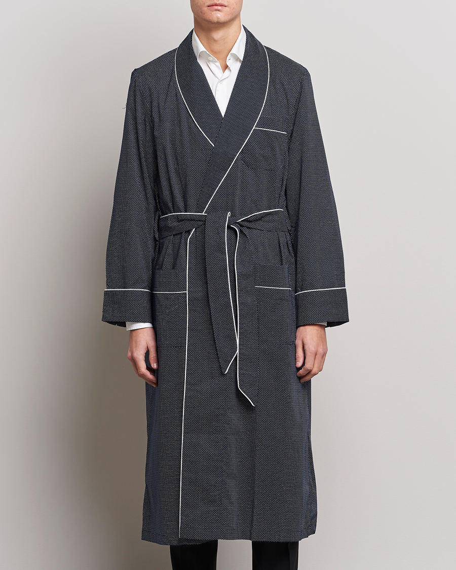 Uomini | Abbigliamento loungewear | Derek Rose | Polka Dot Cotton Satin Dressing Gown Navy