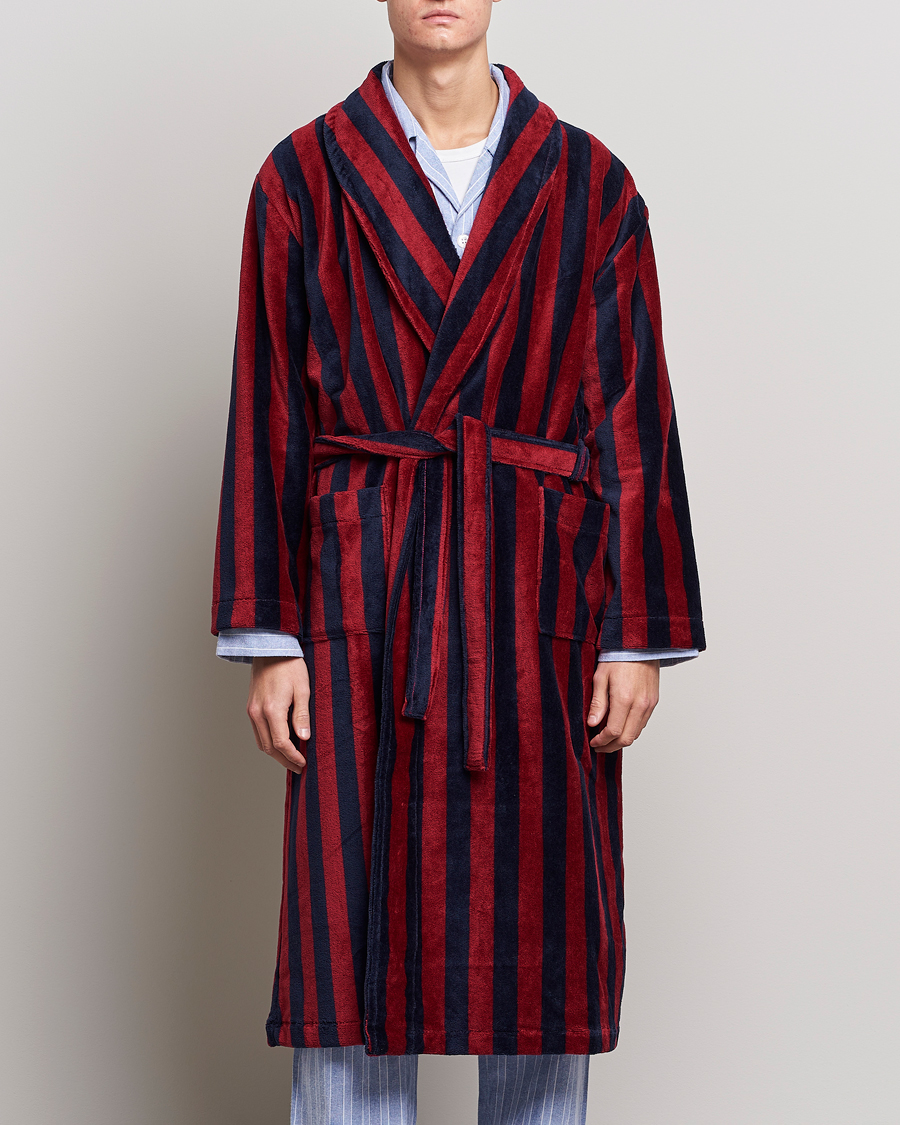 Uomini | Accappatoi | Derek Rose | Cotton Velour Striped Gown Red/Blue