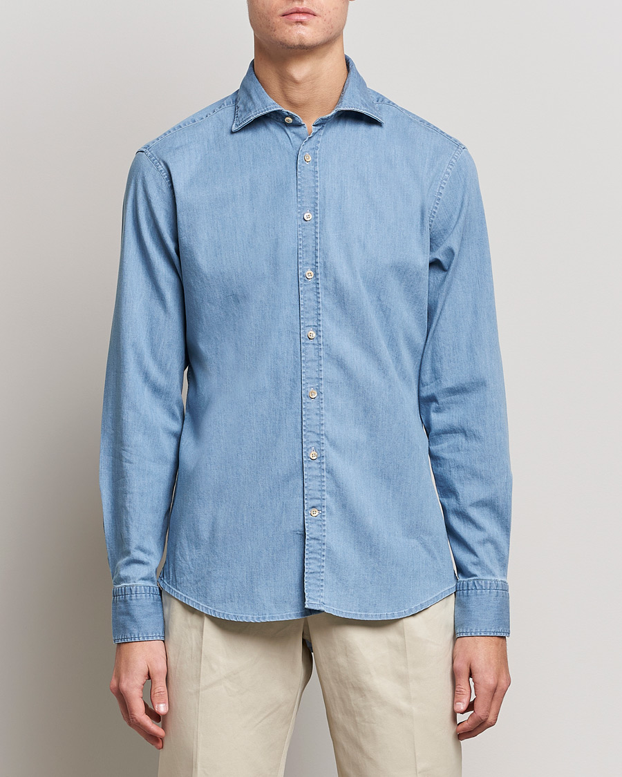 Uomini | Business & Beyond | Stenströms | Fitted Body Garment Washed Shirt Light Denim