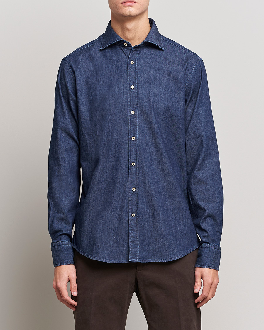 Uomini | Camicie in denim | Stenströms | Fitted Body Garment Washed Shirt Dark Denim