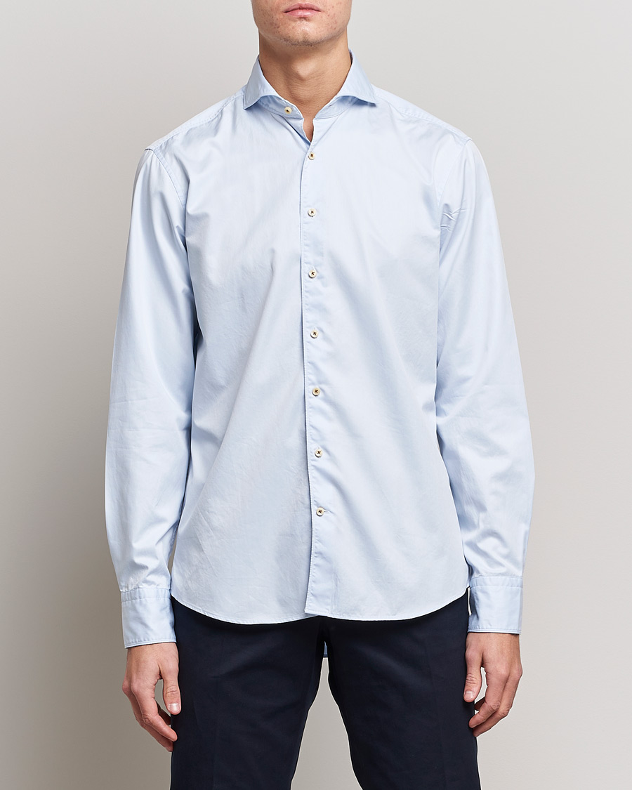 Uomini |  | Stenströms | Fitted Body Washed Cotton Plain Shirt Light Blue