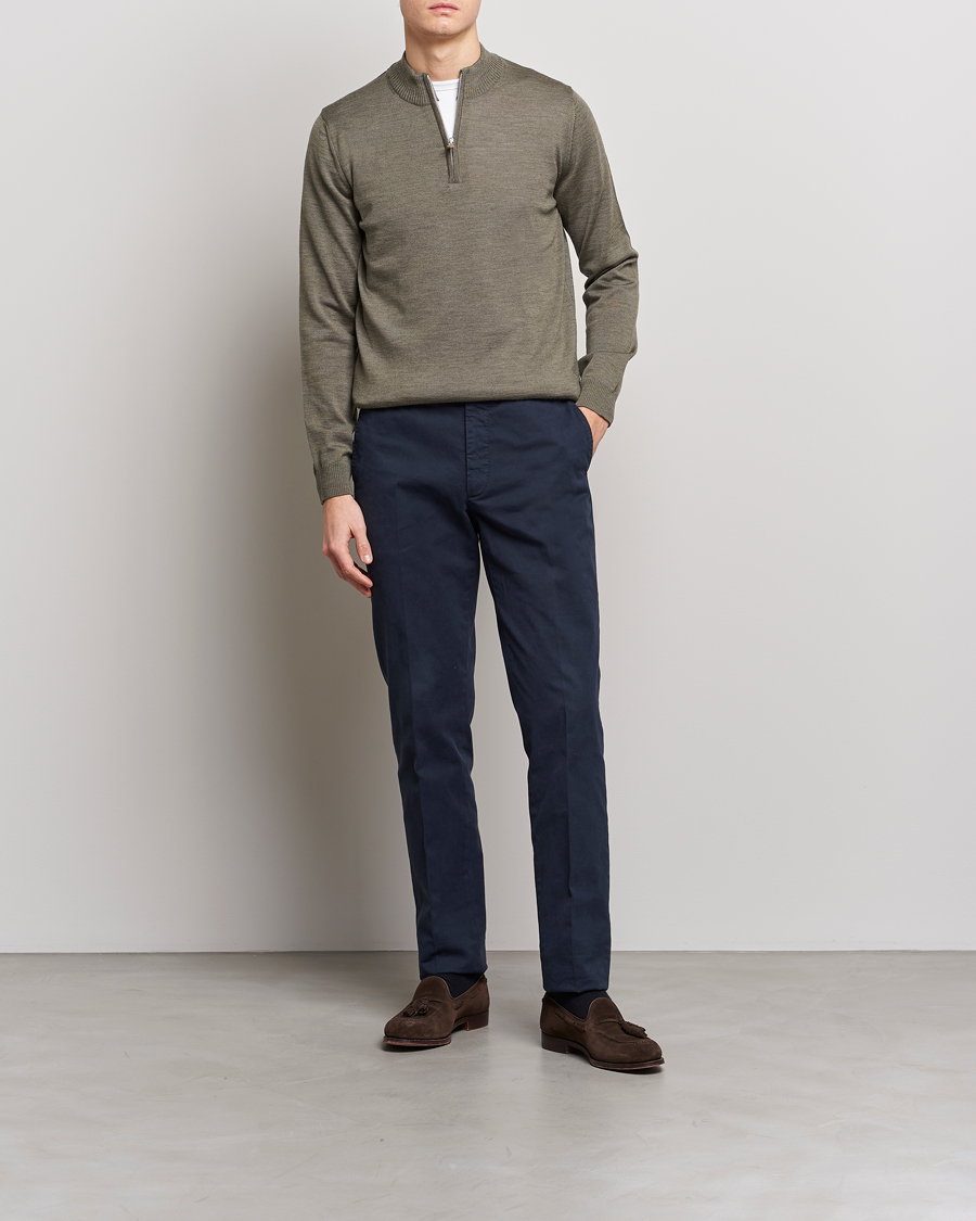 Uomini | Maglieria | Stenströms | Merino Wool Half Zip Olive