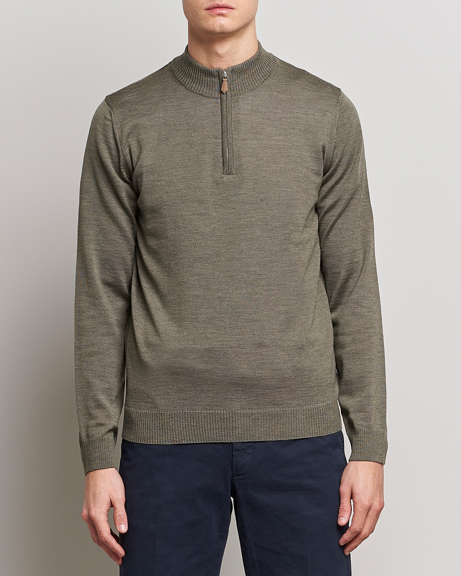 Uomini | Maglieria | Stenströms | Merino Wool Half Zip Olive