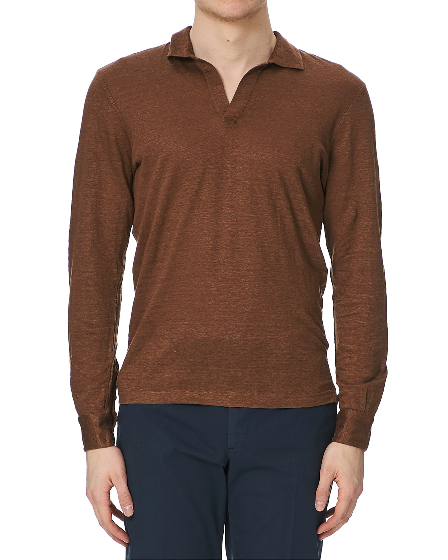 Uomini | Gamla produktbilder | Gran Sasso | Washed Linen Long Sleeve Polo Gold Brown