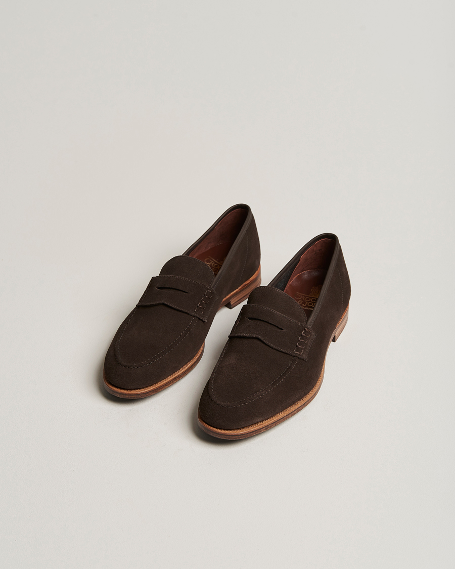 Uomini | Festive | Crockett & Jones | Seaton Unlined Penny Loafer Dark Oak Suede