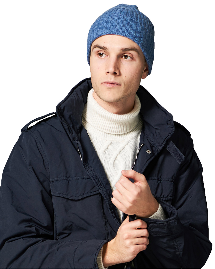 Uomini | Accessori che riscaldano | Amanda Christensen | Rib Knitted Cashmere Cap Blue Melange