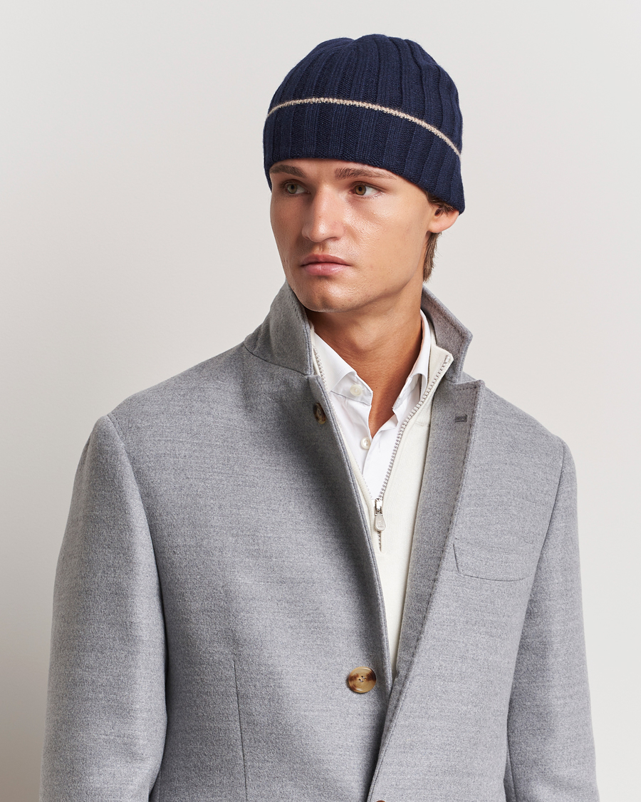 Uomini | Brunello Cucinelli Cashmere Contrast Beanie Navy | Brunello Cucinelli | Cashmere Contrast Beanie Navy