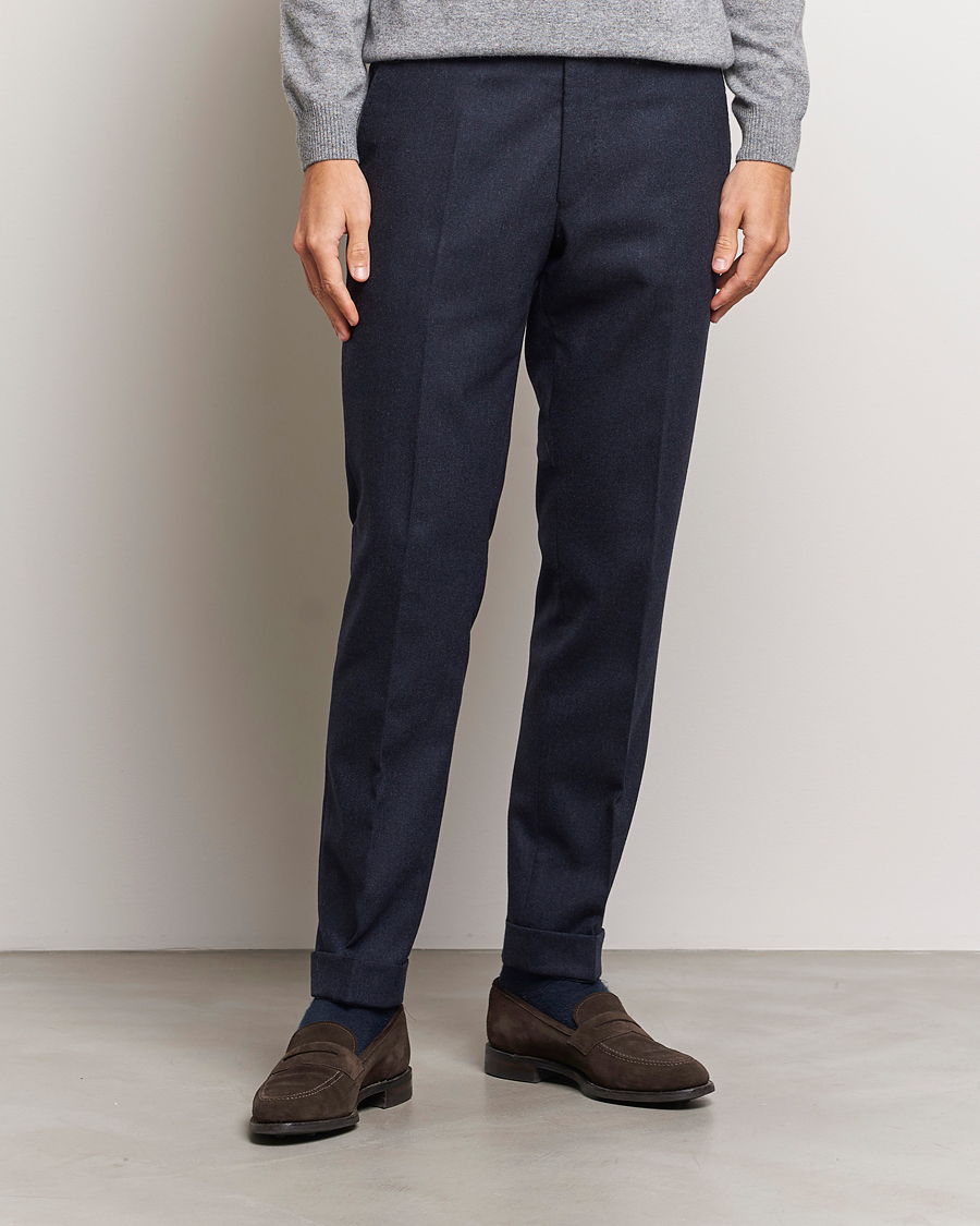 Uomini | Oscar Jacobson | Oscar Jacobson | Denz Turn Up Flannel Trousers Navy Melange