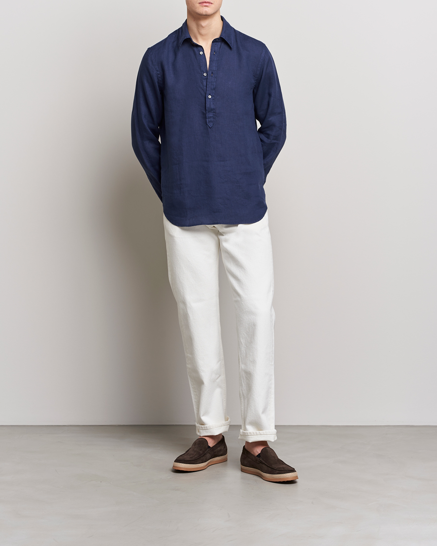Uomini | Camicie | Aspesi | Linen Popover Shirt Dark Blue