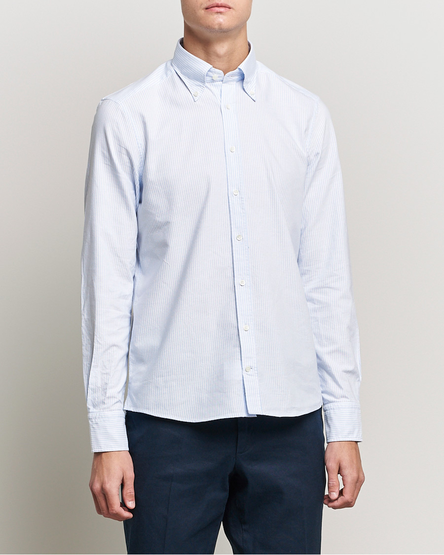 Uomini |  | Stenströms | Slimline Washed Striped Oxford Shirt Light Blue