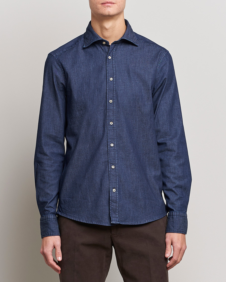 Uomini |  | Stenströms | Slimline Garment Washed Shirt Dark Denim