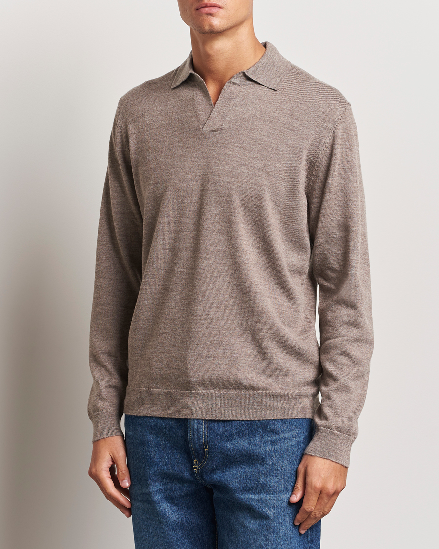 Uomini | Polo di maglia | A Day\'s March | Manol Open Collar Merino Polo Taupe Melange