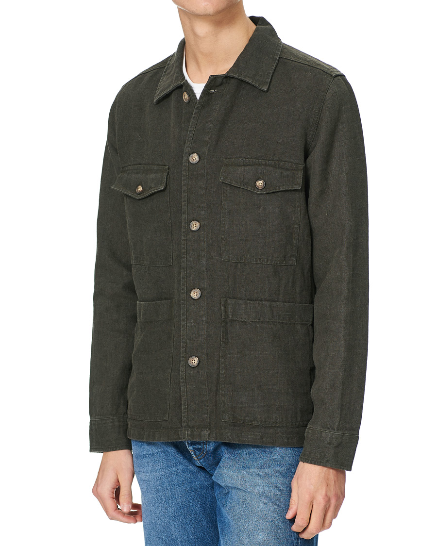 Uomini | Camicie | A Day's March | Heavy Linen Patch Pocket Overshirt Olive