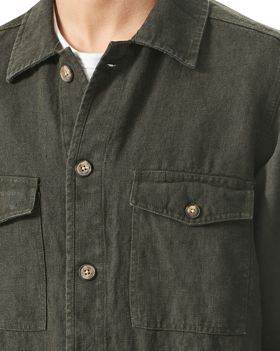 Uomini | Camicie | A Day's March | Heavy Linen Patch Pocket Overshirt Olive