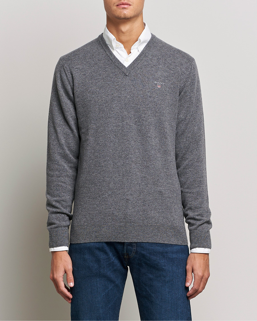 Uomini | Maglieria | GANT | Lambswool V-Neck Pullover Dark Grey Melange