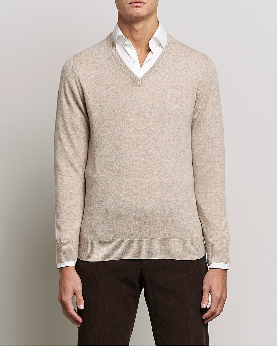 Uomini | Maglioni di cashmere | Piacenza Cashmere | Cashmere V Neck Sweater Beige