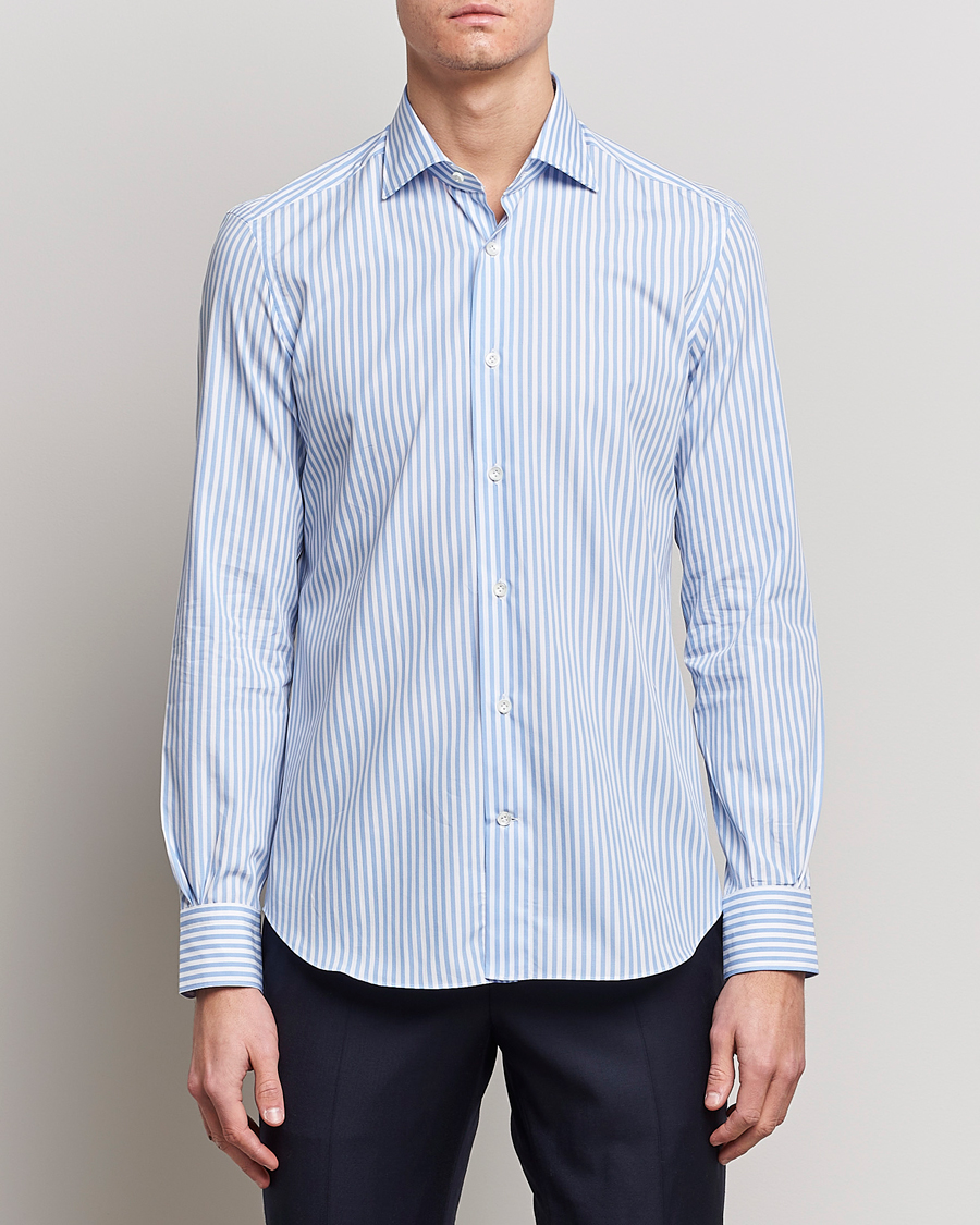 Uomini | Casual | Mazzarelli | Soft Cotton Cut Away Shirt Blue Stripe