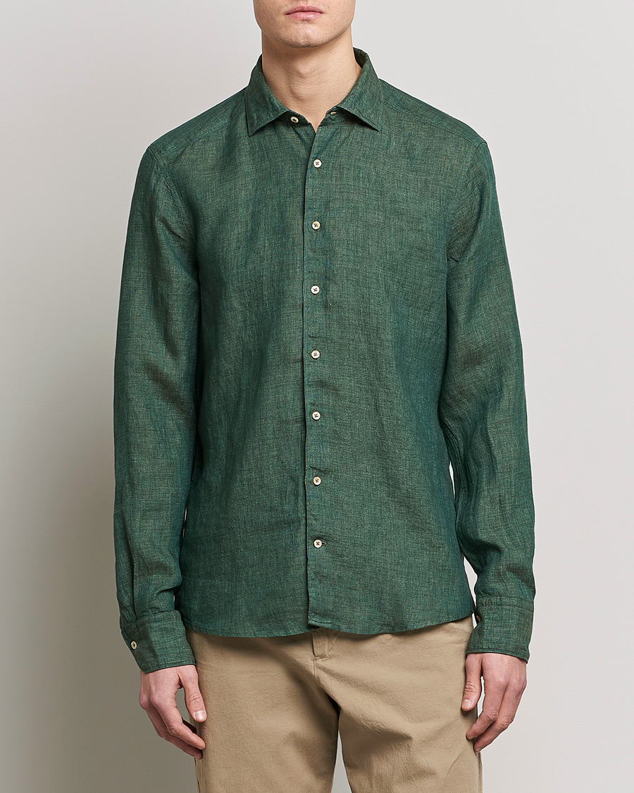 Uomini |  | Stenströms | Slimline Cut Away Linen Shirt Dark Green