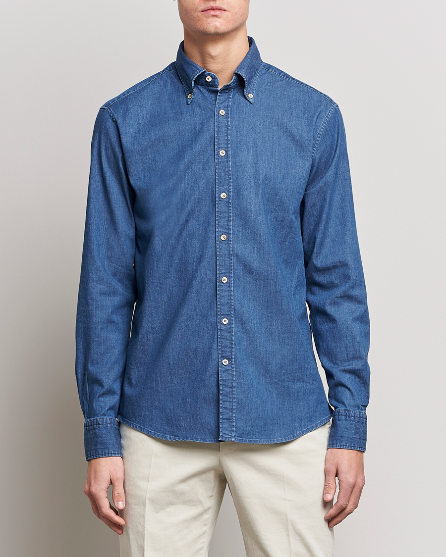 Uomini | Business & Beyond | Stenströms | Fitted Body Button Down Garment Washed Shirt Mid Blue Denim