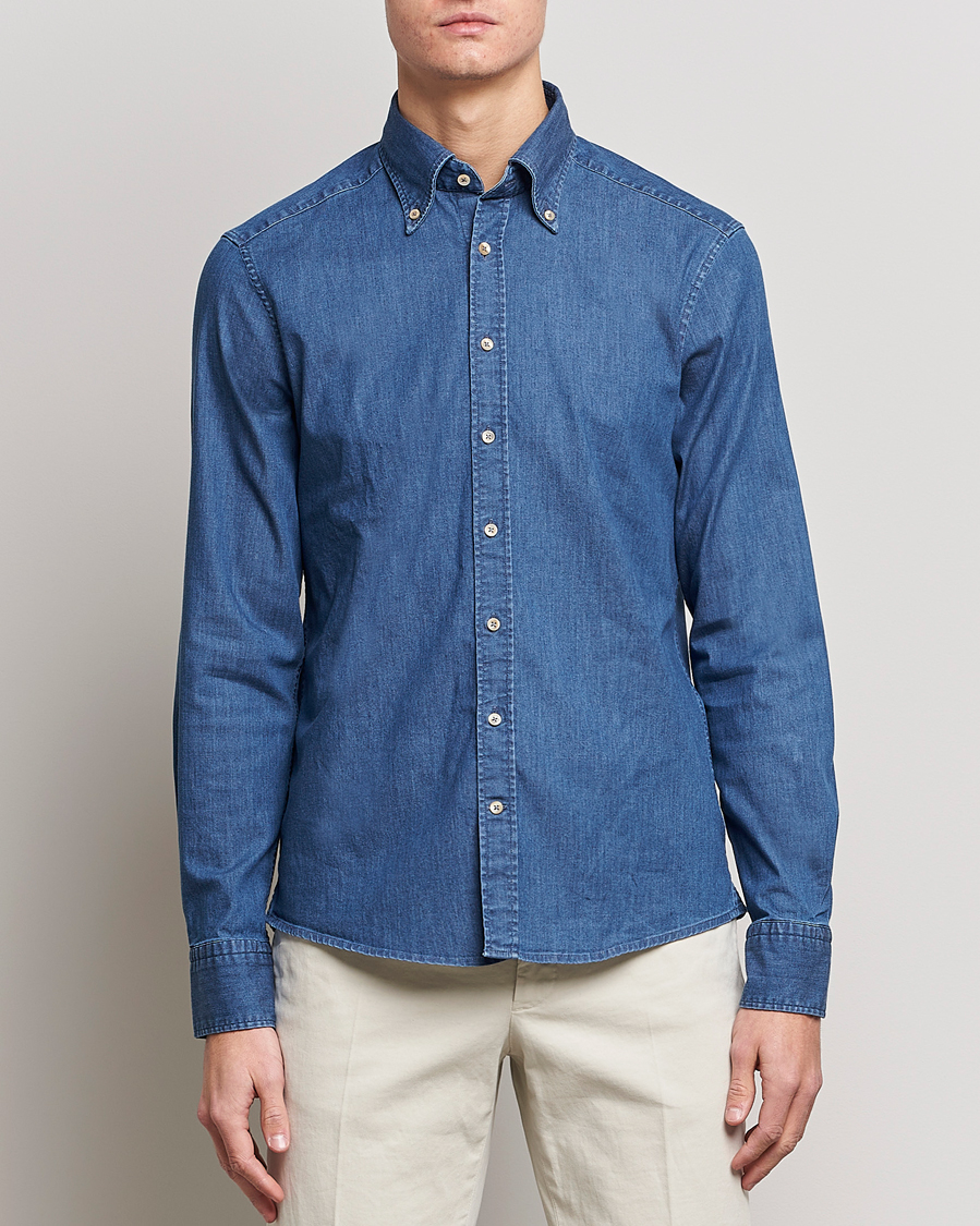 Uomini | Camicie in denim | Stenströms | Slimline Button Down Garment Washed Shirt Mid Blue Denim