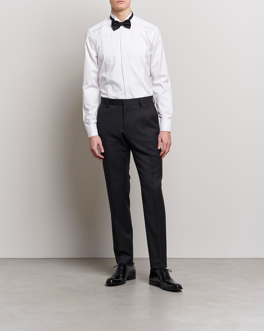 Uomini | Cravatta nera | Stenströms | Slimline Stand Up Collar Plissè Shirt White