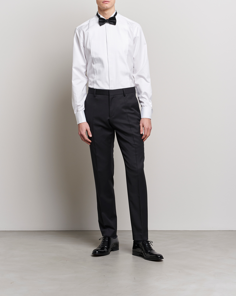 Uomini |  | Stenströms | Fitted Body Stand Up Collar Plissè Shirt White