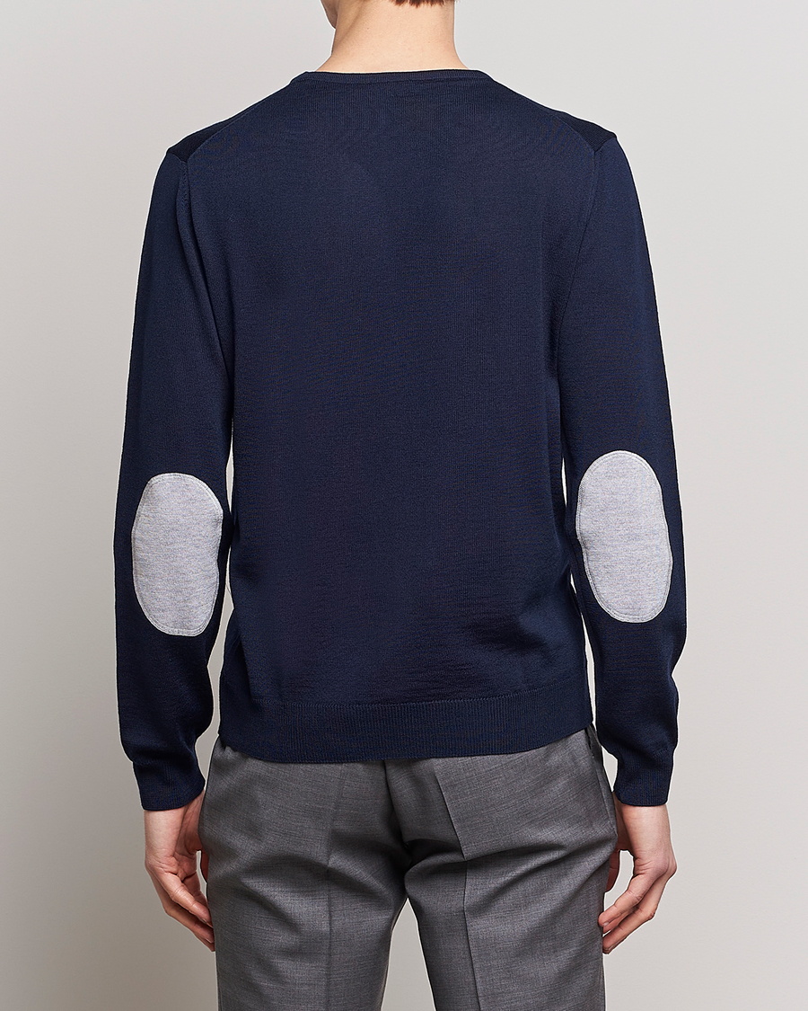 Uomini | Maglieria | Stenströms | Merino Patch Crew Neck Navy/Light Grey