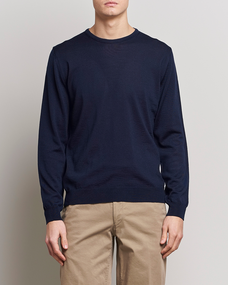 Uomini | Maglieria | Stenströms | Merino Patch Crew Neck Navy/Light Blue