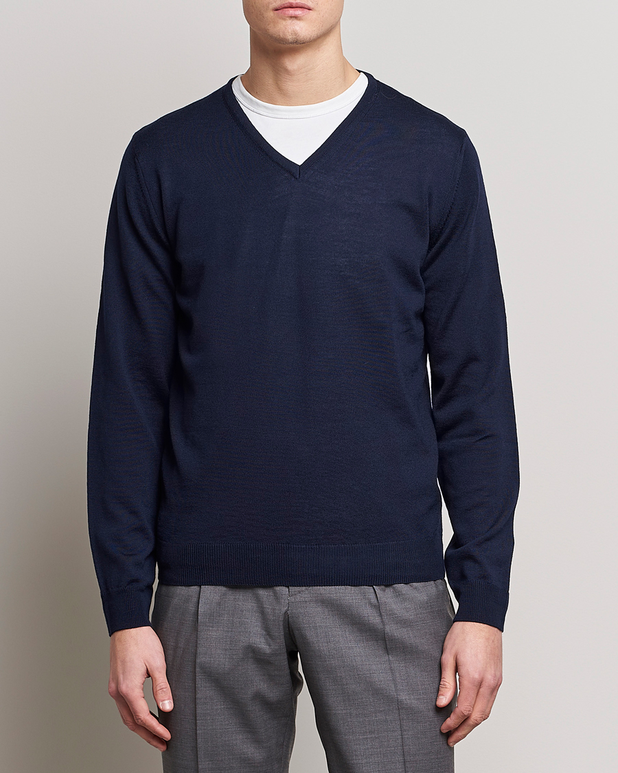 Uomini | Maglieria | Stenströms | Merino Patch V-Neck Navy/Light Grey