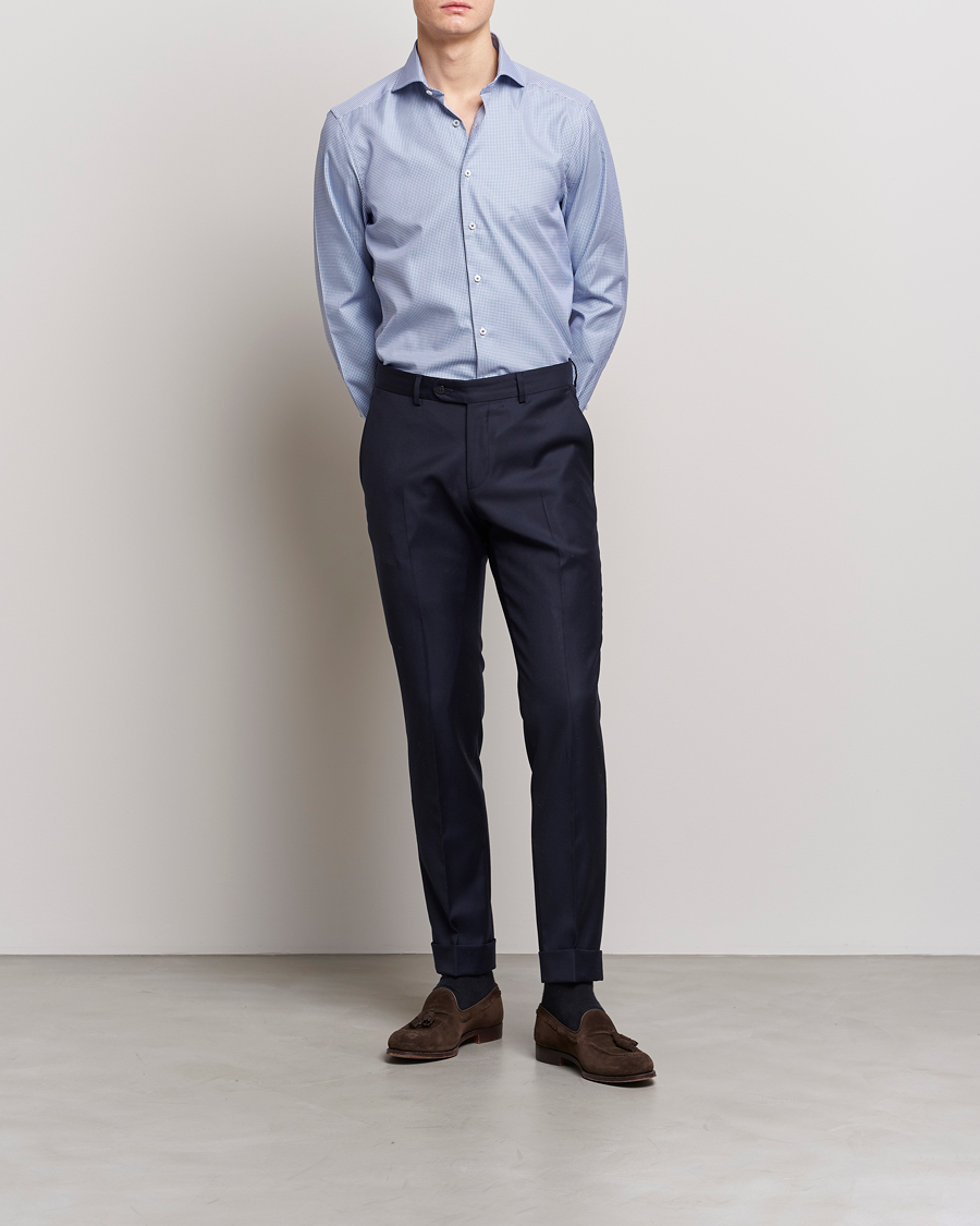 Uomini |  | Stenströms | Slimline Small Check Cut Away Shirt Blue