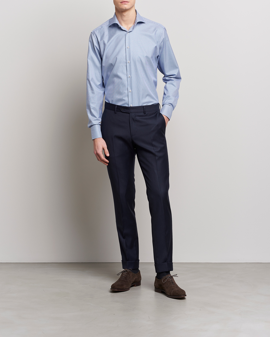 Uomini | Camicie | Stenströms | Fitted Body Small Check Cut Away Shirt Blue